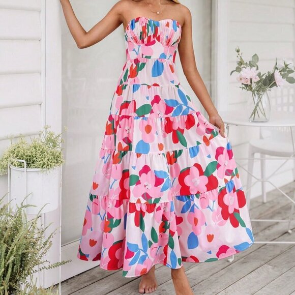 Dresses & Skirts - Pink Casual Women's Woven Printed Strap Dress